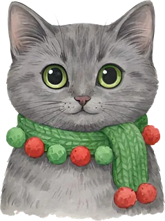 Gray cat in a green pom-pom scarf