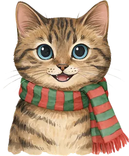 Tabby kitten in a striped red and green scarf