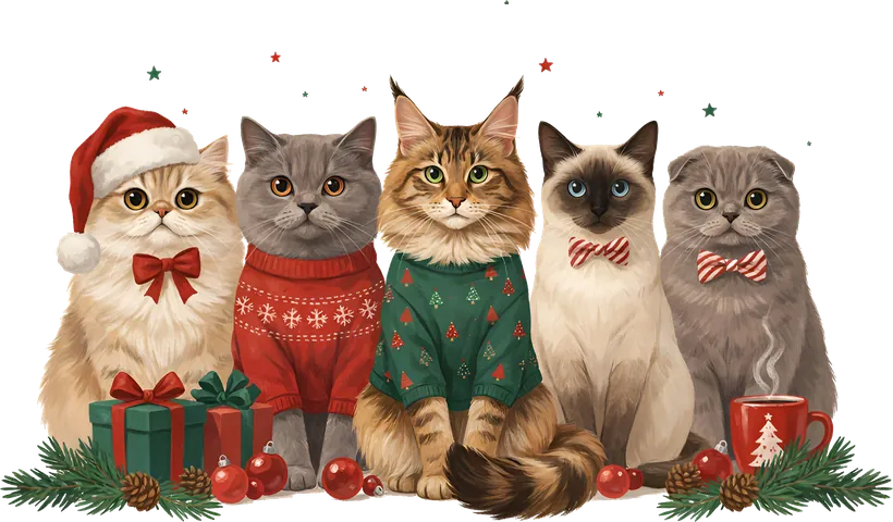 Five cats in Christmas sweaters, bows and a Santa hat sitting among wrapped gifts and red ornaments